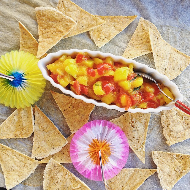 Homemade healthy nachos with chipotle mango salsa
